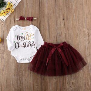Girl girls baby toddler onesie skirt bow 1st Frist Christmas Holidays cute new